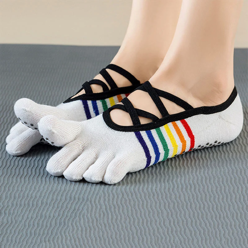 Olivenorma Zehensocken mit gekreuzten Riemen, offener Ferse, Regenbogenfarben, rutschfest, atmungsaktiv