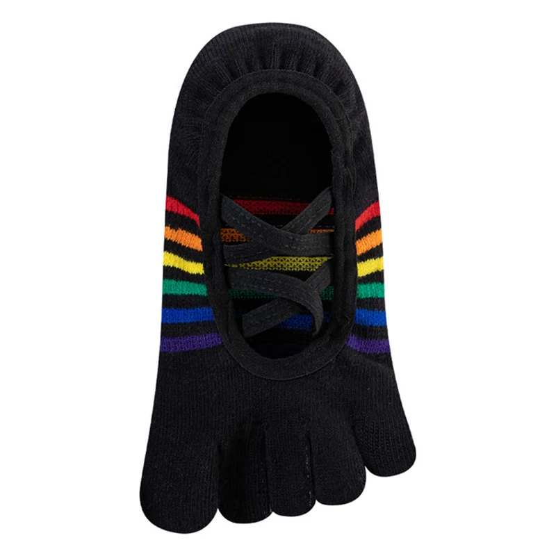 Olivenorma Zehensocken mit gekreuzten Riemen, offener Ferse, Regenbogenfarben, rutschfest, atmungsaktiv