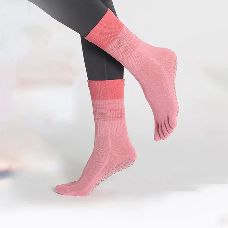 Olivenorma Gradient Fünf-Zehen-Yogasocken aus Baumwolle mit rutschfestem Griff, atmungsaktiv, schweißableitend, für Pilates, Barre und Fitness, Damen-Yogasocken