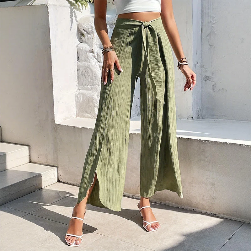Olivenorma Bohemian High-Waist Slit Wide-Leg Belted Spring Summer Women's Pants