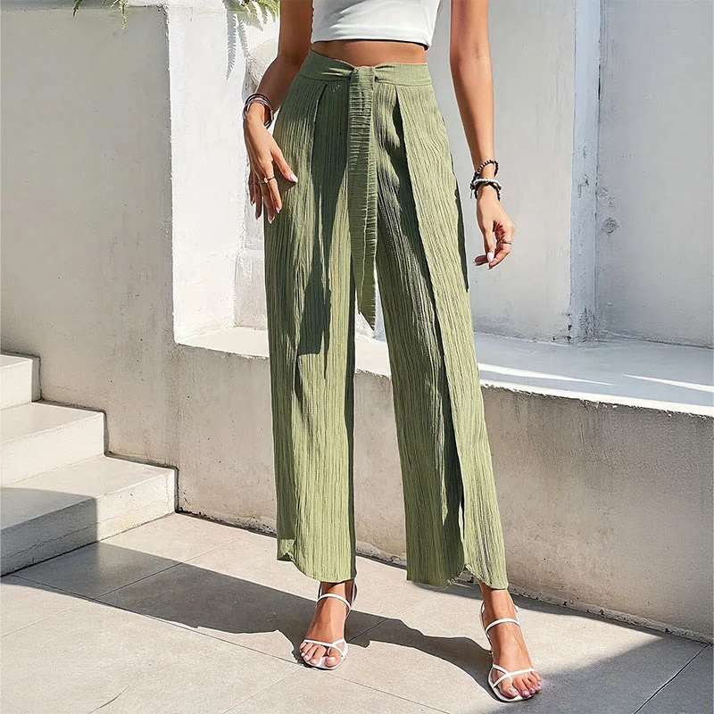 Olivenorma Bohemian High-Waist Slit Wide-Leg Belted Spring Summer Women's Pants