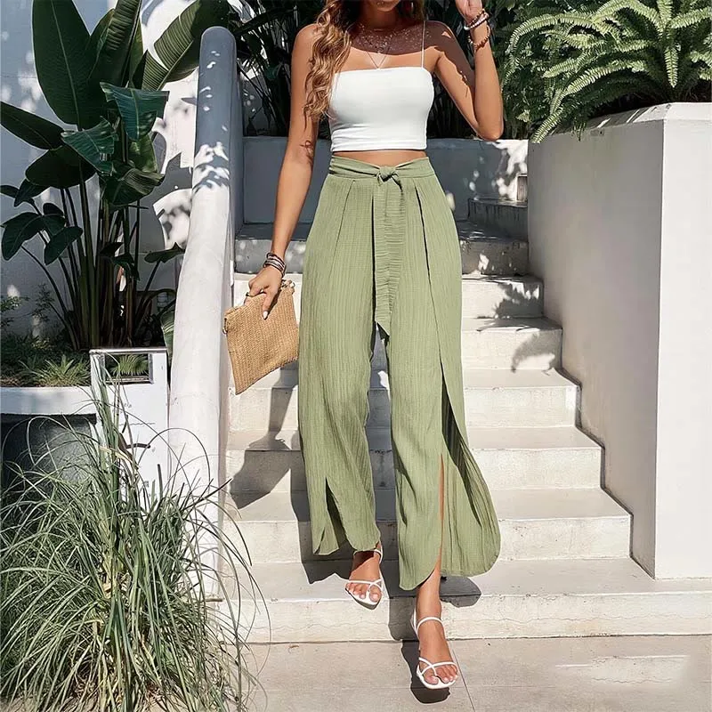 Olivenorma Bohemian High-Waist Slit Wide-Leg Belted Spring Summer Women's Pants