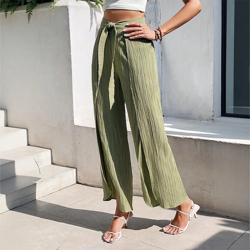 Olivenorma Bohemian High-Waist Slit Wide-Leg Belted Spring Summer Women's Pants