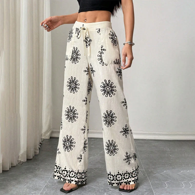 Olivenorma Damen Freizeithose mit lockerer Passform, bedruckt, weitem Bein und elastischem Bund – bequem und stylisch