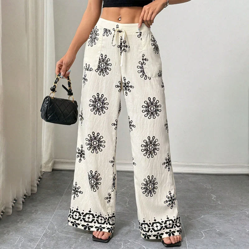 Olivenorma Damen Freizeithose mit lockerer Passform, bedruckt, weitem Bein und elastischem Bund – bequem und stylisch