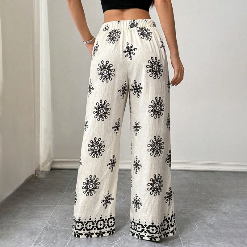 Olivenorma Damen Freizeithose mit lockerer Passform, bedruckt, weitem Bein und elastischem Bund – bequem und stylisch