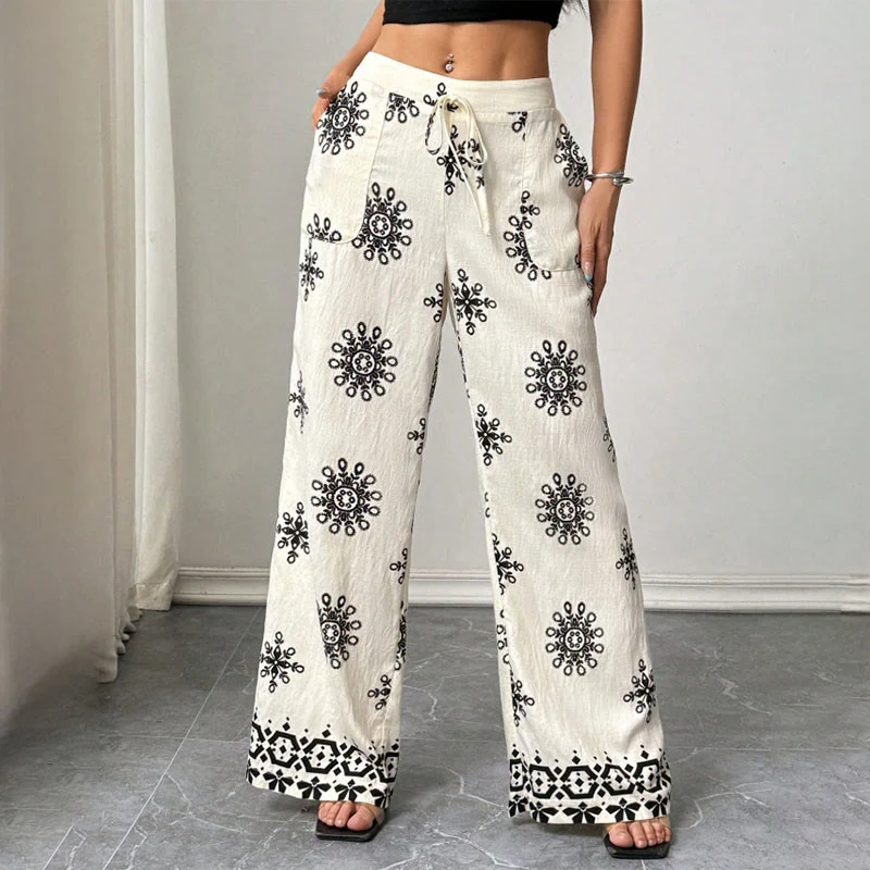 Olivenorma Damen Freizeithose mit lockerer Passform, bedruckt, weitem Bein und elastischem Bund – bequem und stylisch