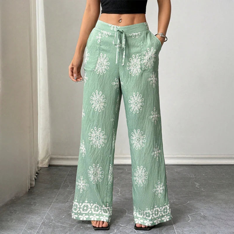 Olivenorma Damen Freizeithose mit lockerer Passform, bedruckt, weitem Bein und elastischem Bund – bequem und stylisch