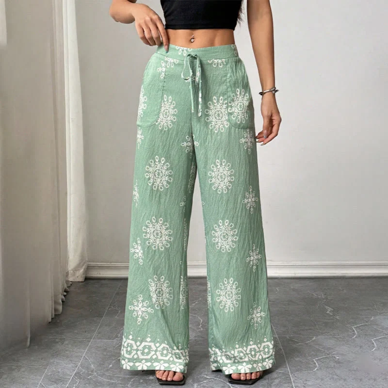 Olivenorma Damen Freizeithose mit lockerer Passform, bedruckt, weitem Bein und elastischem Bund – bequem und stylisch