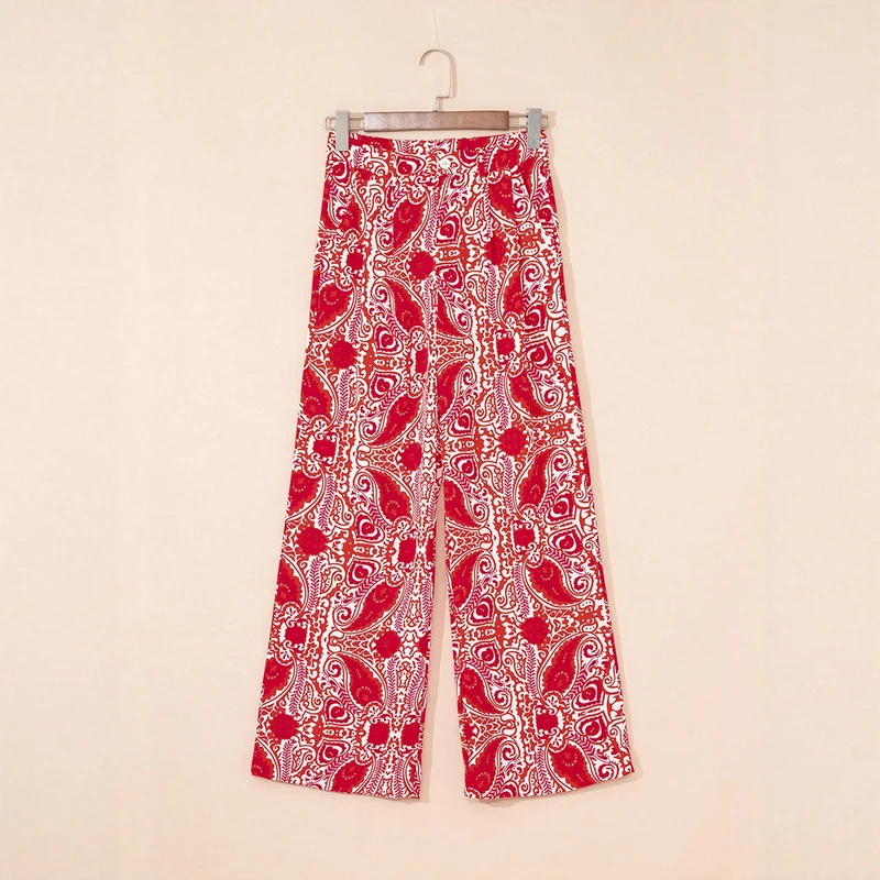 Olivenorma Damenhose mit lockerem Schnitt, Paisley-Muster, hohem Bund und geradem Bein