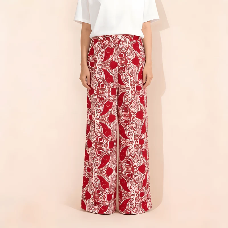 Olivenorma Damenhose mit lockerem Schnitt, Paisley-Muster, hohem Bund und geradem Bein