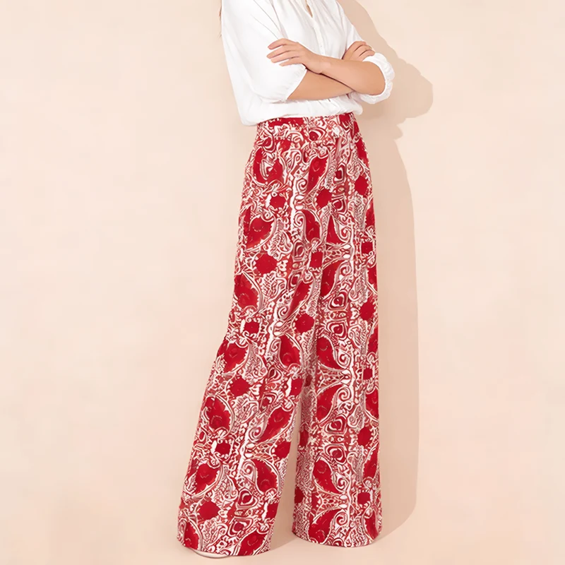 Olivenorma Damenhose mit lockerem Schnitt, Paisley-Muster, hohem Bund und geradem Bein