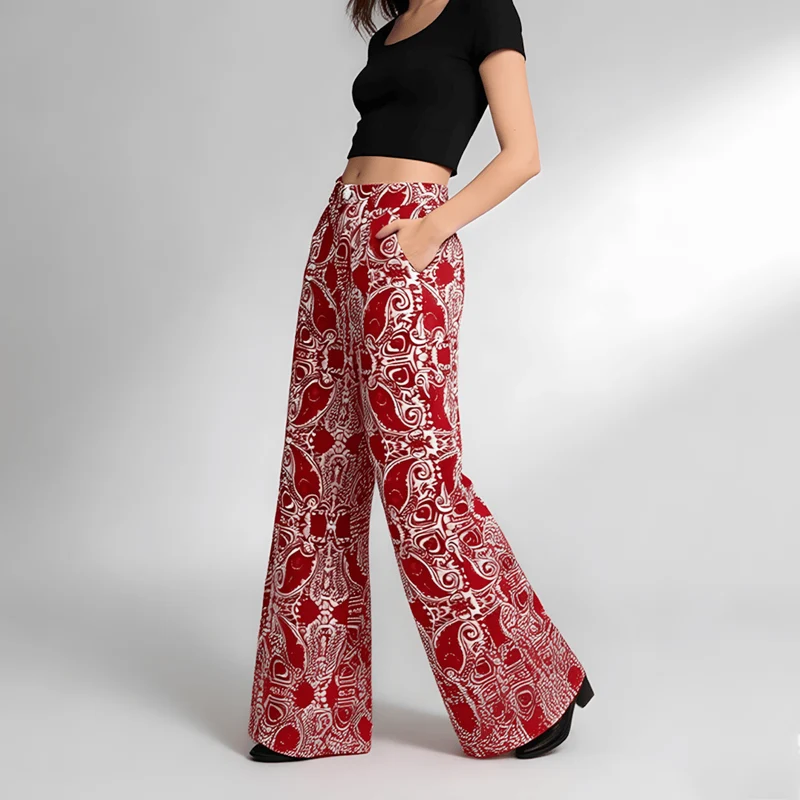 Olivenorma Damenhose mit lockerem Schnitt, Paisley-Muster, hohem Bund und geradem Bein