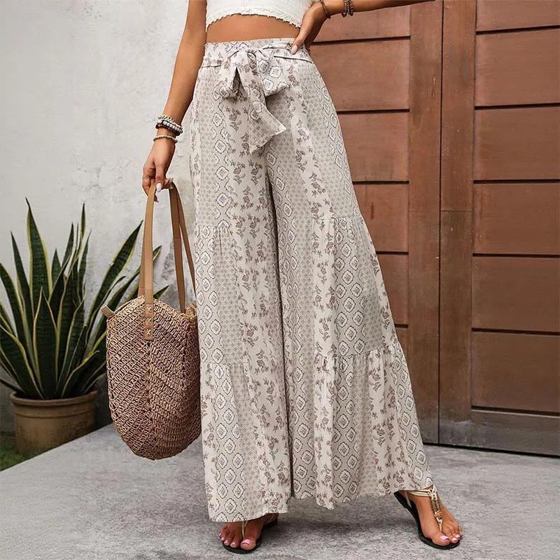 Olivenorma Sommer-Urlaubshose mit geometrischem Blumenmuster, Bindegürtel und weitem Bein