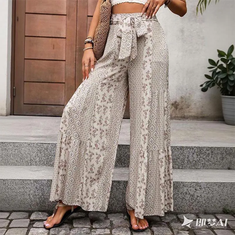 Olivenorma Sommer-Urlaubshose mit geometrischem Blumenmuster, Bindegürtel und weitem Bein