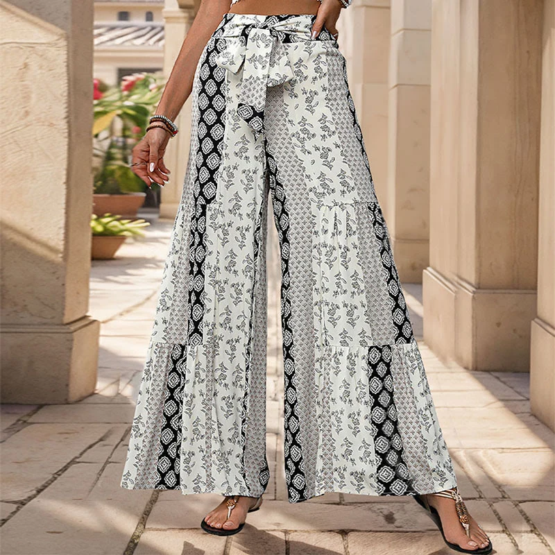 Olivenorma Sommer-Urlaubshose mit geometrischem Blumenmuster, Bindegürtel und weitem Bein