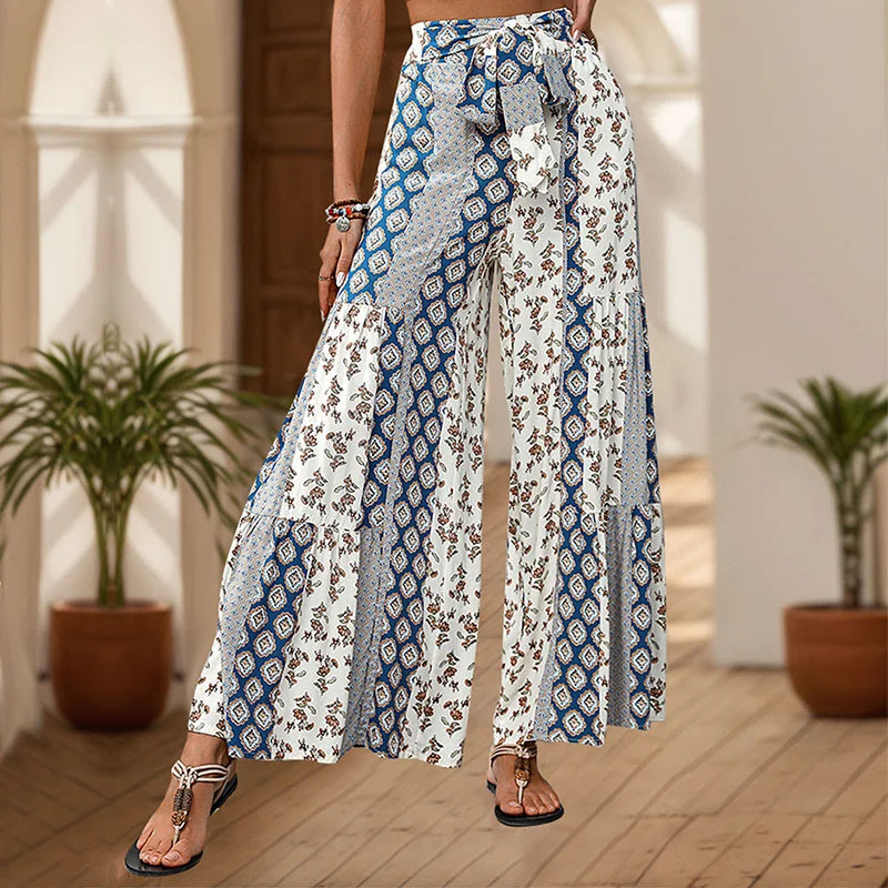 Olivenorma Sommer-Urlaubshose mit geometrischem Blumenmuster, Bindegürtel und weitem Bein