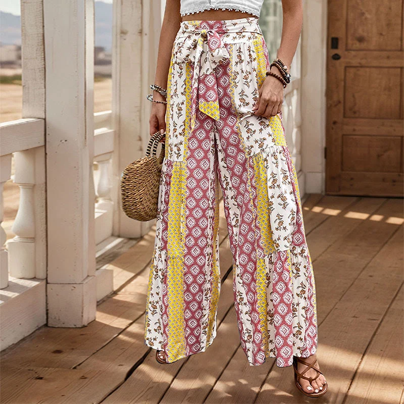 Olivenorma Sommer-Urlaubshose mit geometrischem Blumenmuster, Bindegürtel und weitem Bein