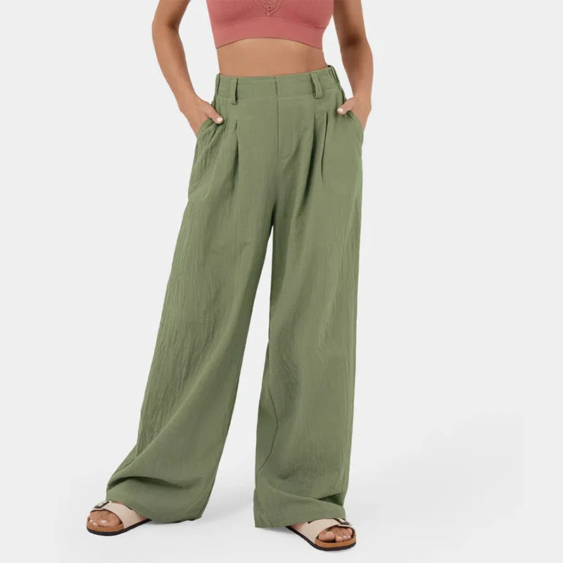 Olivenorma Damen-Freizeithose mit hohem Bund, lockerem Schnitt und weitem Bein