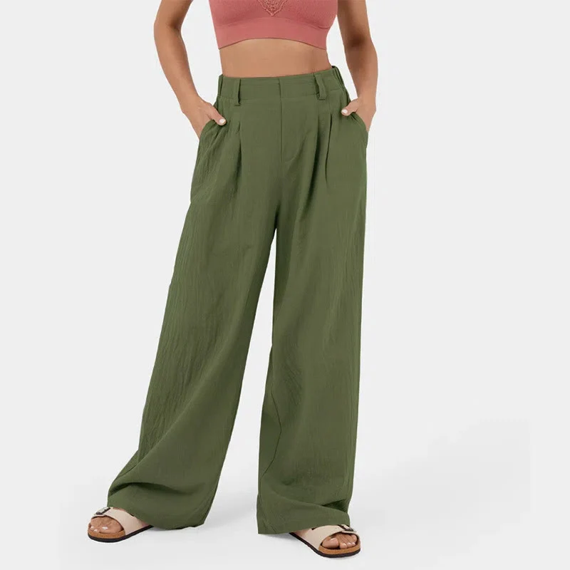Olivenorma Damen-Freizeithose mit hohem Bund, lockerem Schnitt und weitem Bein