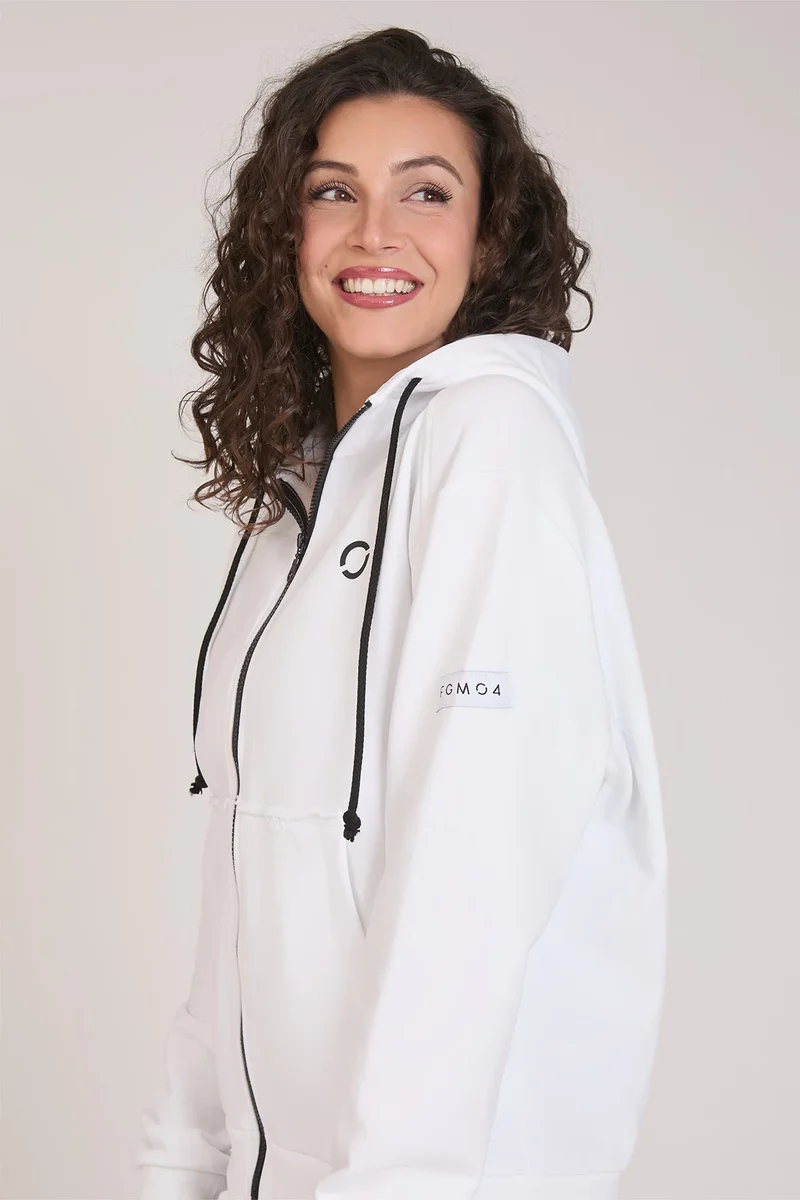 Felpa Donna Ikonic FGM04 Zip con Cappuccio Bianco