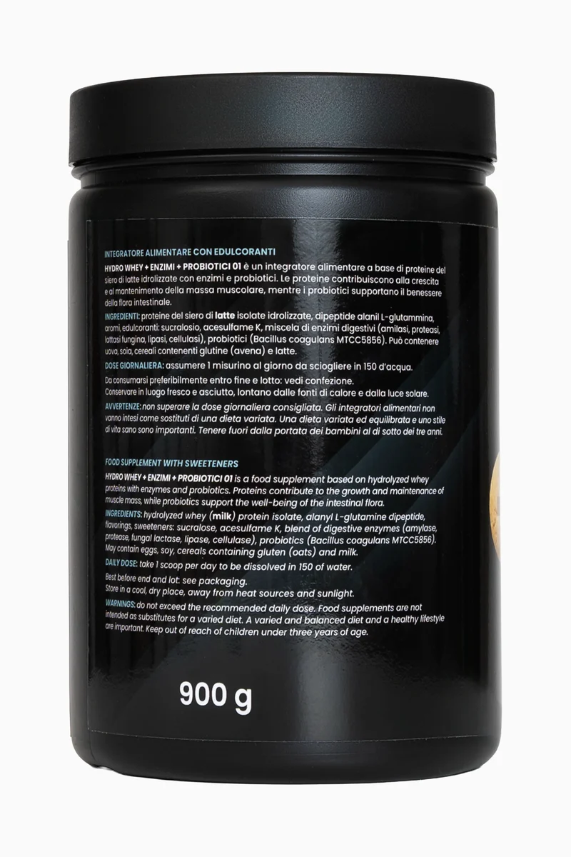 01 HYDRO WHEY + ENZIMI + PROBIOTICI GUSTO BISCOTTO - 900 g