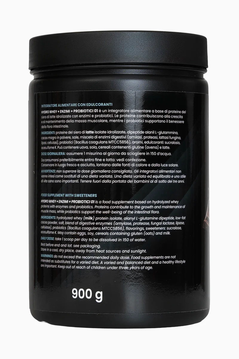 01 HYDRO WHEY + ENZIMI + PROBIOTICI GUSTO CIOCCOLATO - 900 g