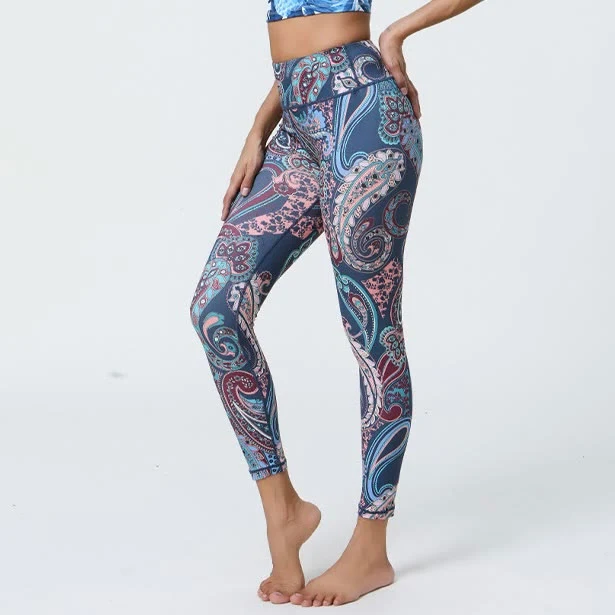 Olivenorma Yogahose mit hohem Bund, Mystic Blue, Paisley-Muster