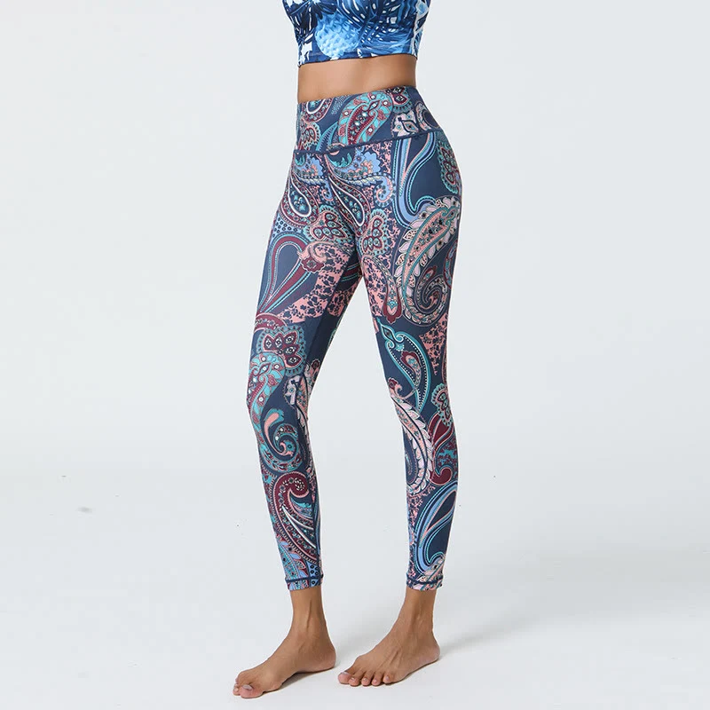 Olivenorma Yogahose mit hohem Bund, Mystic Blue, Paisley-Muster