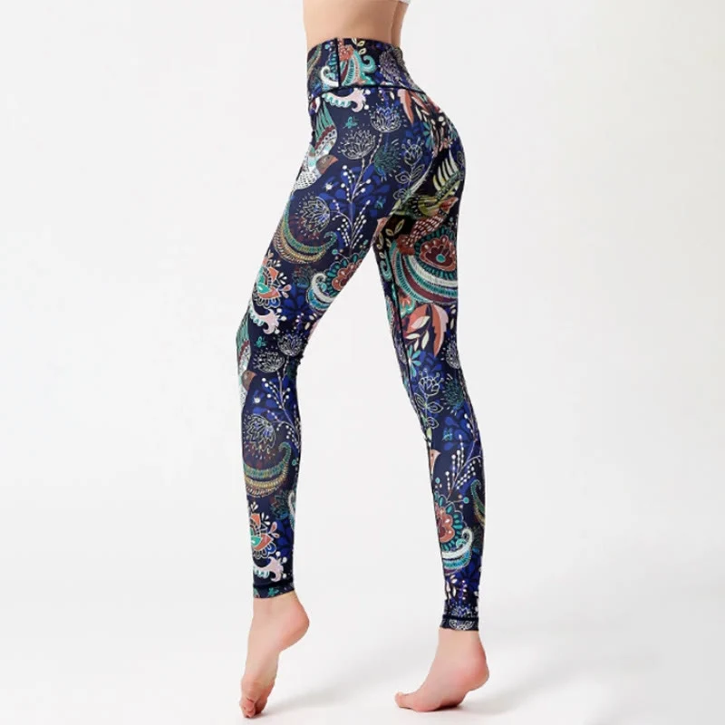 Olivenorma Yogahose mit hohem Bund und künstlerischem Vogelmuster