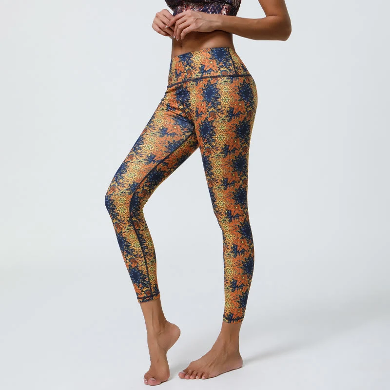 Olivenorma Yogahose mit hohem Bund, geometrischem Blumenmuster