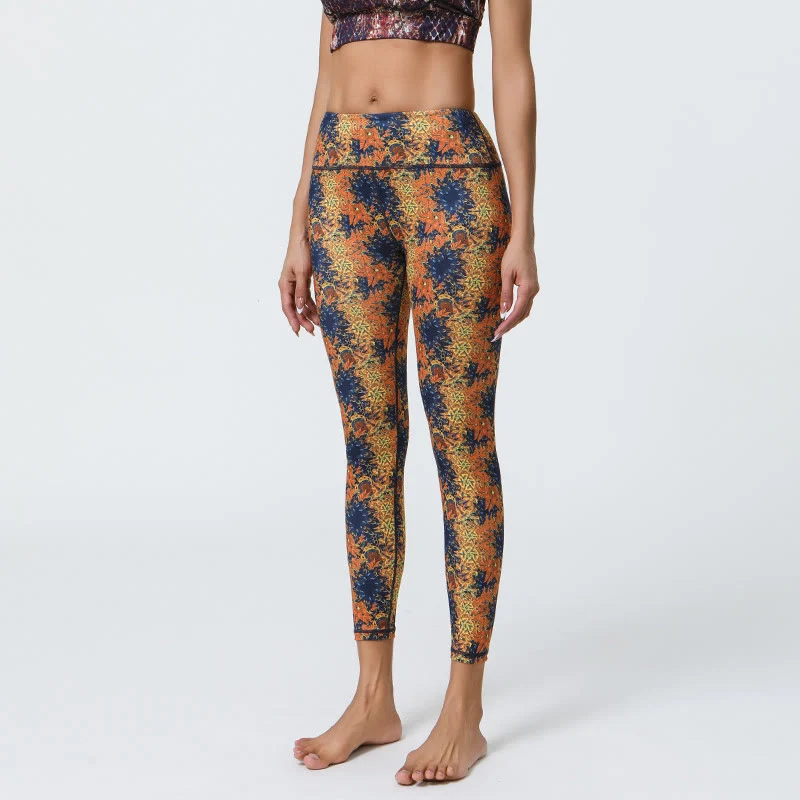 Olivenorma Yogahose mit hohem Bund, geometrischem Blumenmuster