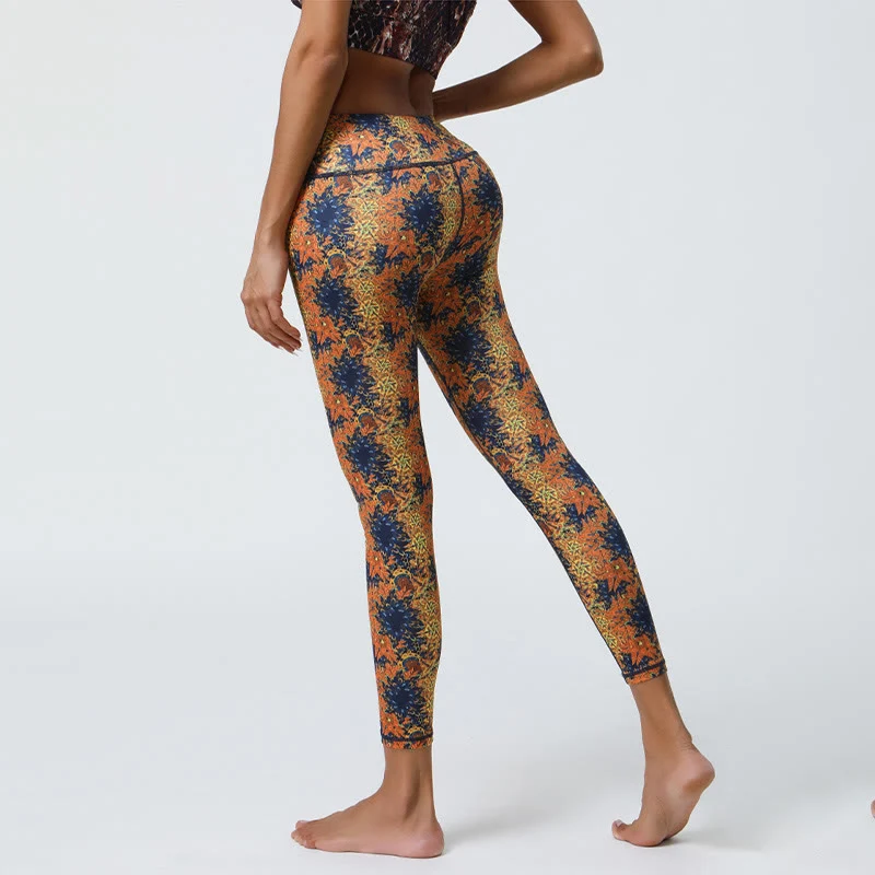 Olivenorma Yogahose mit hohem Bund, geometrischem Blumenmuster
