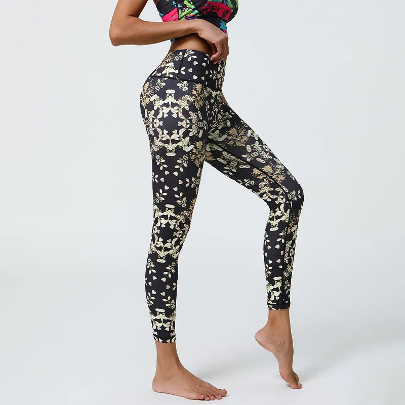 Olivenorma Yogahose mit hohem Bund, geometrischem Blumenmuster