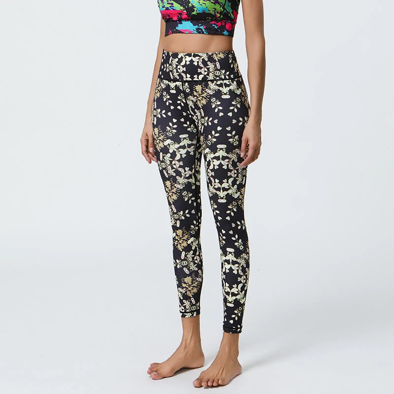 Olivenorma Yogahose mit hohem Bund, geometrischem Blumenmuster