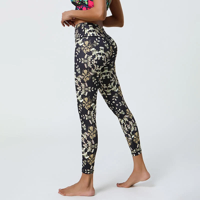 Olivenorma Yogahose mit hohem Bund, geometrischem Blumenmuster