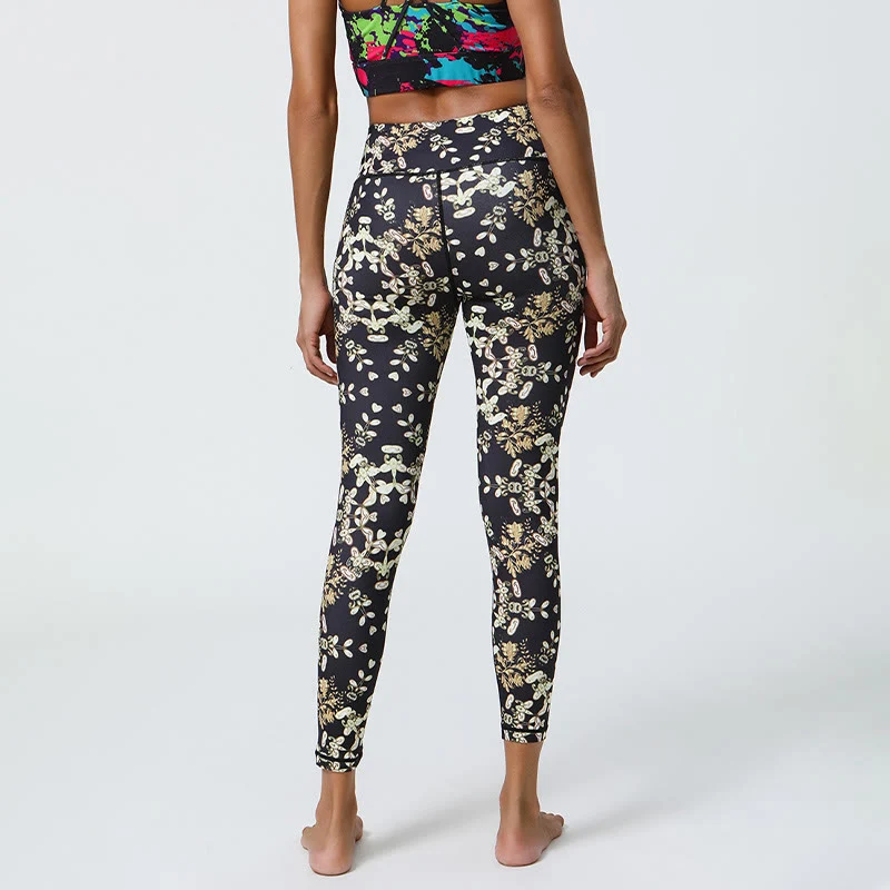 Olivenorma Yogahose mit hohem Bund, geometrischem Blumenmuster