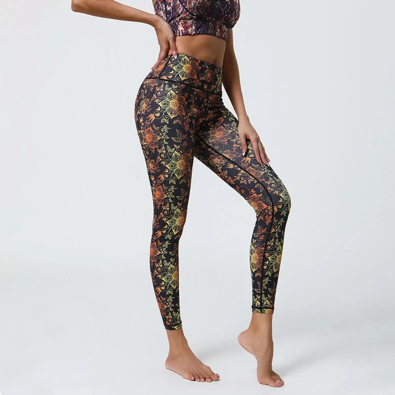 Olivenorma Yogahose mit hohem Bund, geometrischem Blumenmuster