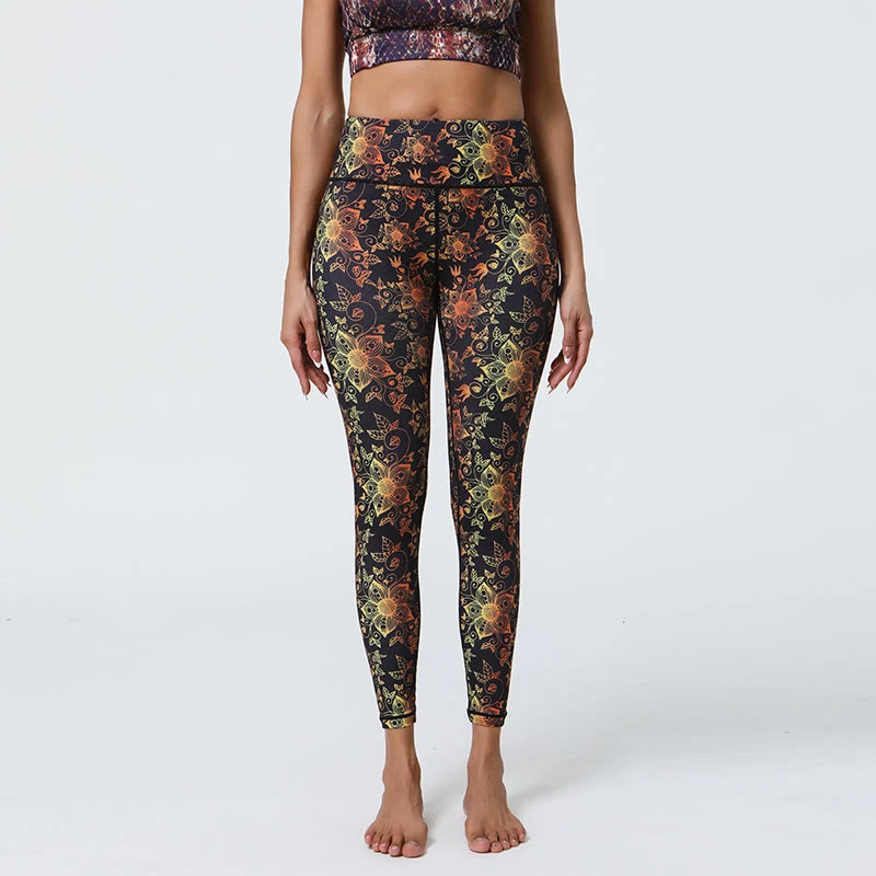 Olivenorma Yogahose mit hohem Bund, geometrischem Blumenmuster