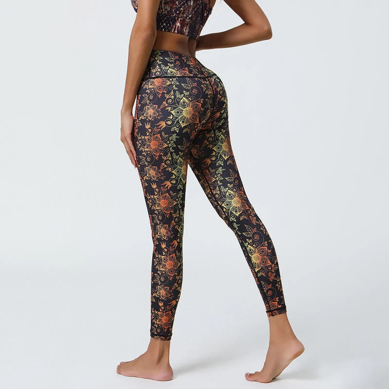 Olivenorma Yogahose mit hohem Bund, geometrischem Blumenmuster