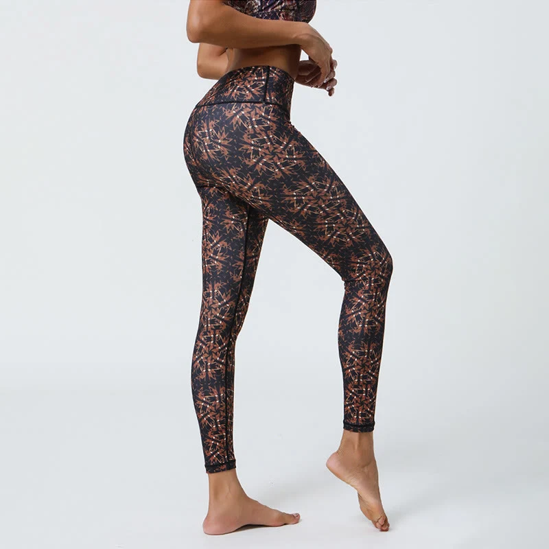 Olivenorma Yogahose mit hohem Bund, geometrischem Blumenmuster