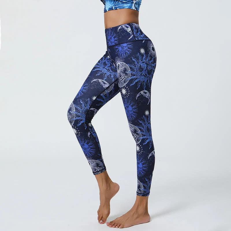 Olivenorma Yogahose mit hohem Bund und Sonnen- & Mondmuster