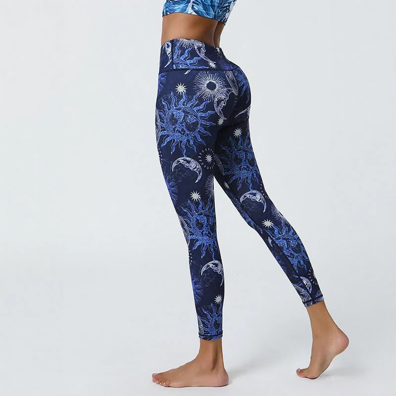 Olivenorma Yogahose mit hohem Bund und Sonnen- & Mondmuster