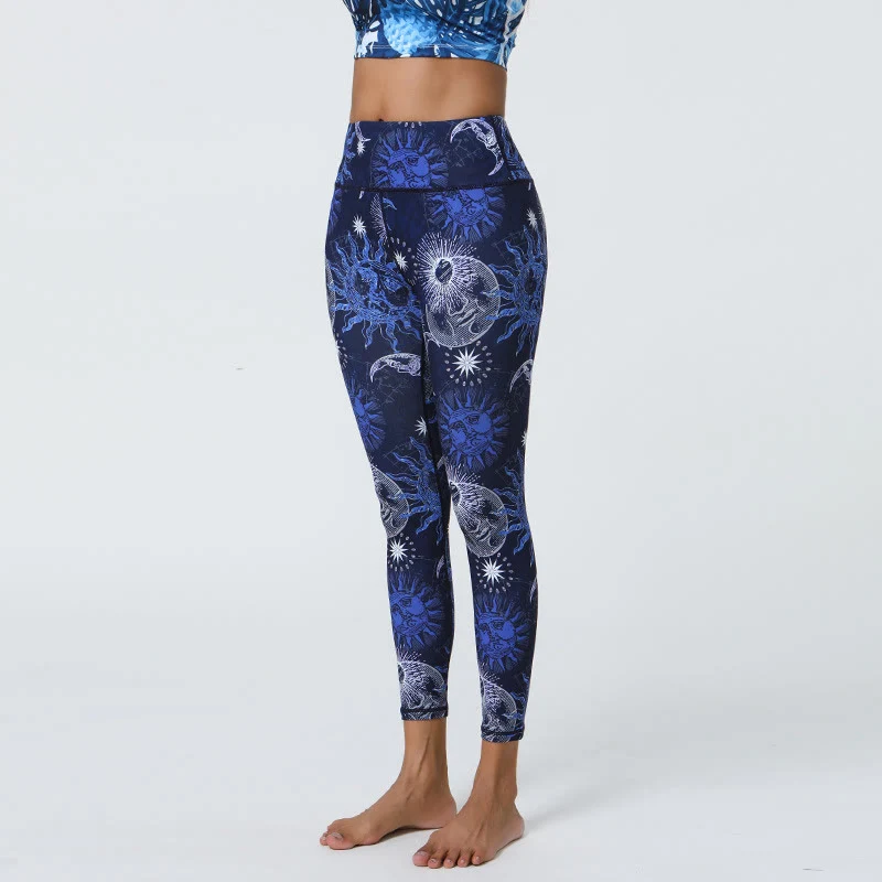 Olivenorma Yogahose mit hohem Bund und Sonnen- & Mondmuster
