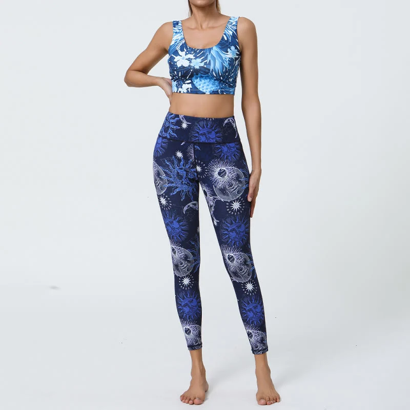 Olivenorma Yogahose mit hohem Bund und Sonnen- & Mondmuster