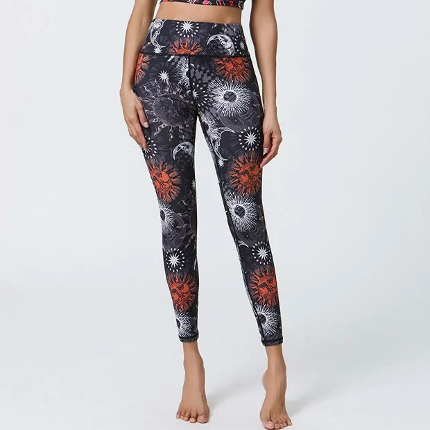 Olivenorma Yogahose mit hohem Bund und Sonnen- & Mondmuster