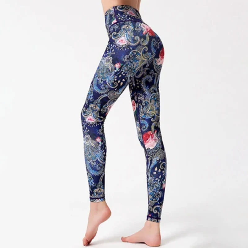 Olivenorma Yogahose mit hohem Bund und Vintage-Blumenmuster