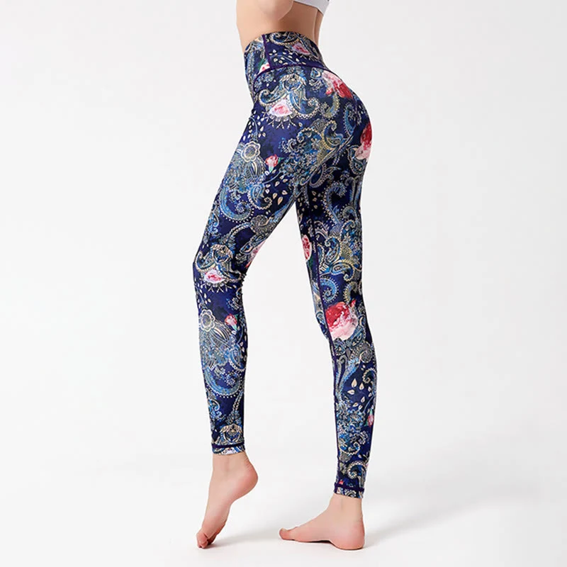 Olivenorma Yogahose mit hohem Bund und Vintage-Blumenmuster