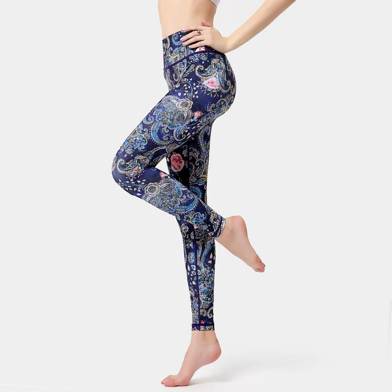 Olivenorma Yogahose mit hohem Bund und Vintage-Blumenmuster