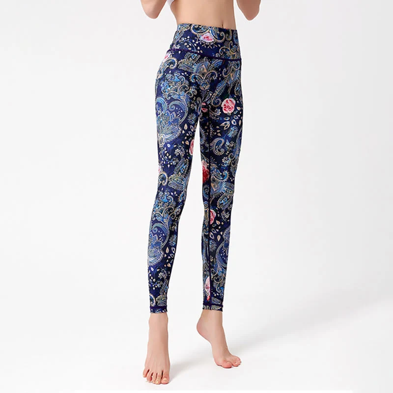 Olivenorma Yogahose mit hohem Bund und Vintage-Blumenmuster